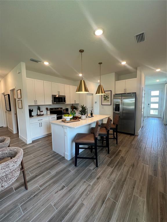 A modern kitchen features white cabinetry, a central island with bar stools, and wood-look flooring — 101 ELENA LAVIN CIRCLE, ORLANDO, FL