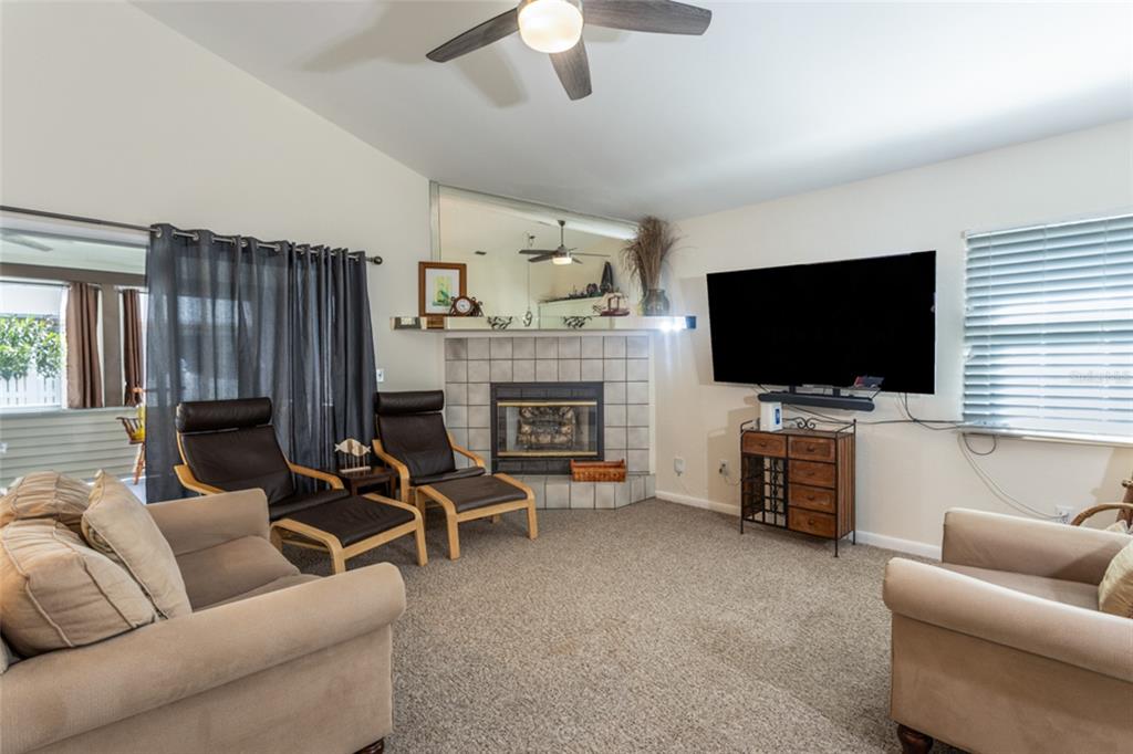 A living room features a fireplace, a large television, and beige carpeted flooring — 9 SEA VISTA DRIVE, PALM COAST, FL
