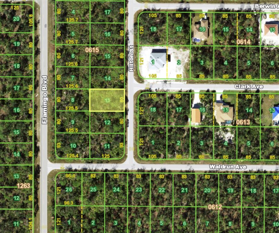This is a plat map showing a highlighted vacant residential lot in a suburban neighborhood — 2477 HILTON STREET, PORT CHARLOTTE, FL