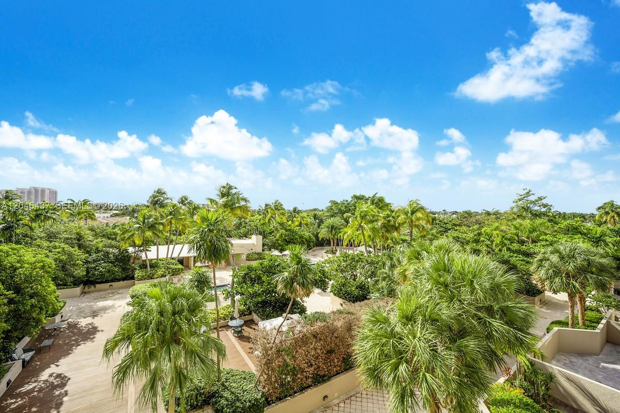 An elevated view of a lush tropical courtyard with palm trees and paved walkways — 151 Crandon Blvd # 439, Key Biscayne FL 33149, KEY BISCAYNE, FL