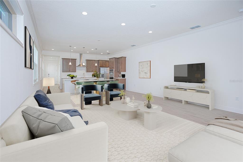 This is a rendering of an open-concept living room and kitchen with modern neutral decor — 13300 BROMBOROUGH DRIVE, ORLANDO, FL