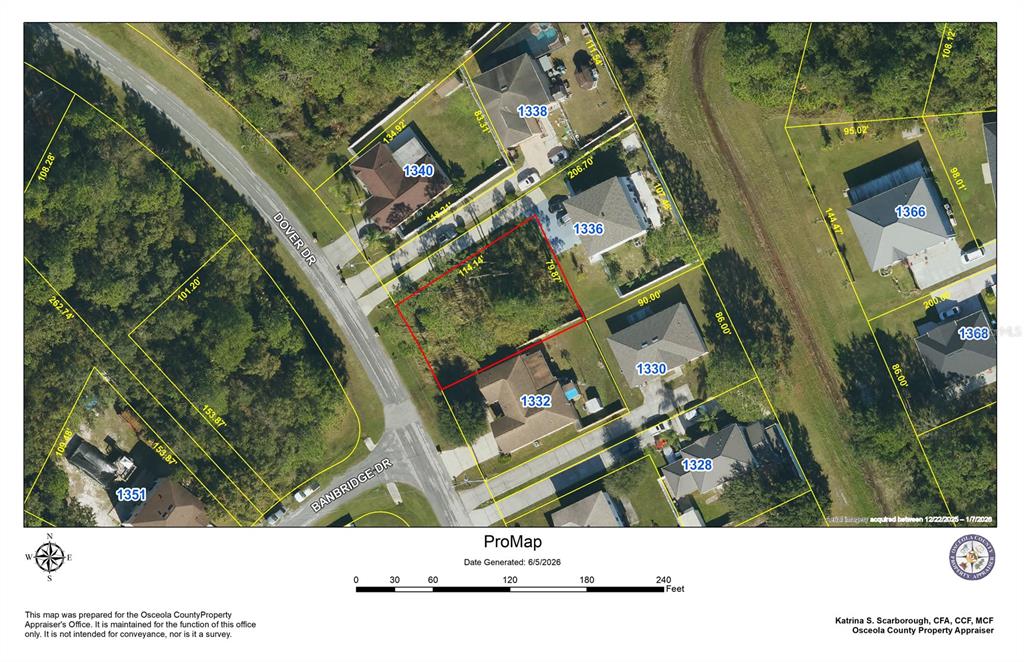 This is a property tax map showing parcel boundaries and lot dimensions for residential homes — DOVER DRIVE, KISSIMMEE, FL