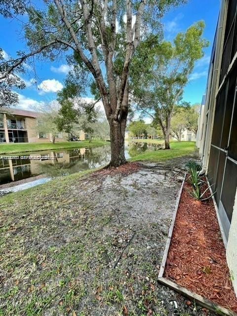 A grassy yard with a large tree overlooks a canal next to a residential building — 183 Lakeview Dr # 103, Weston FL 33326, WESTON, FL