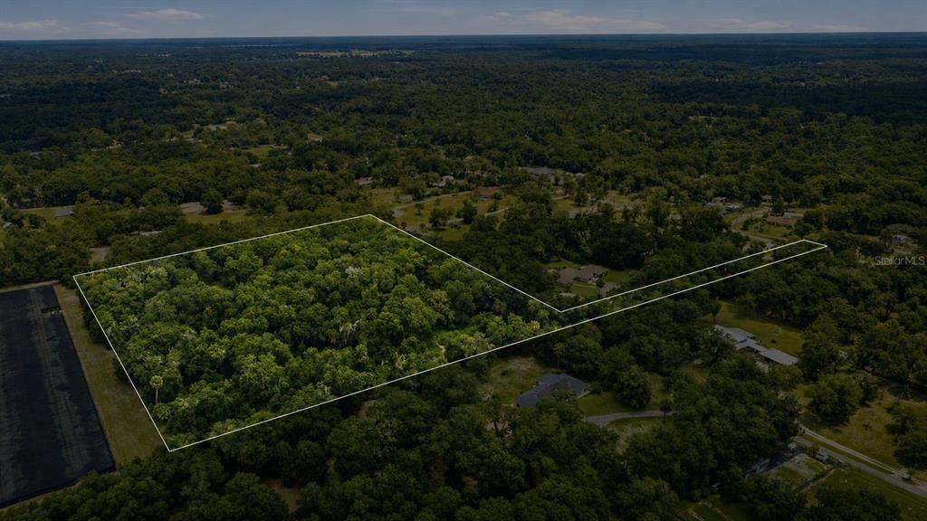 An aerial view shows a wooded, rectangular plot of land outlined in white — GRAND AVENUE, DELAND, FL