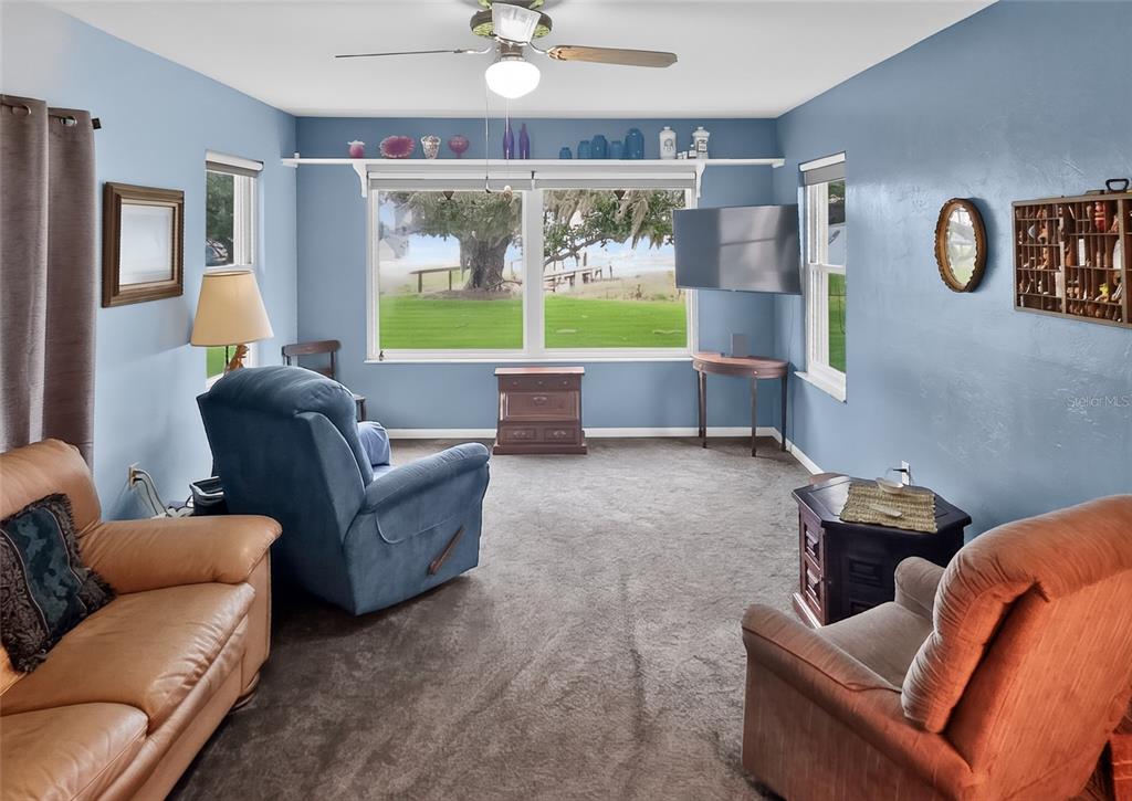 A living room features blue walls, gray carpeting, a large window, and several armchairs — 32805 LAKE EUSTIS DRIVE, TAVARES, FL