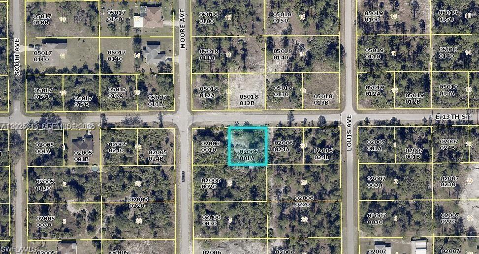 This is an aerial map showing a highlighted vacant lot in a residential neighborhood — 4002 E 13th St, Lehigh Acres FL 33976, LEHIGH ACRES, FL