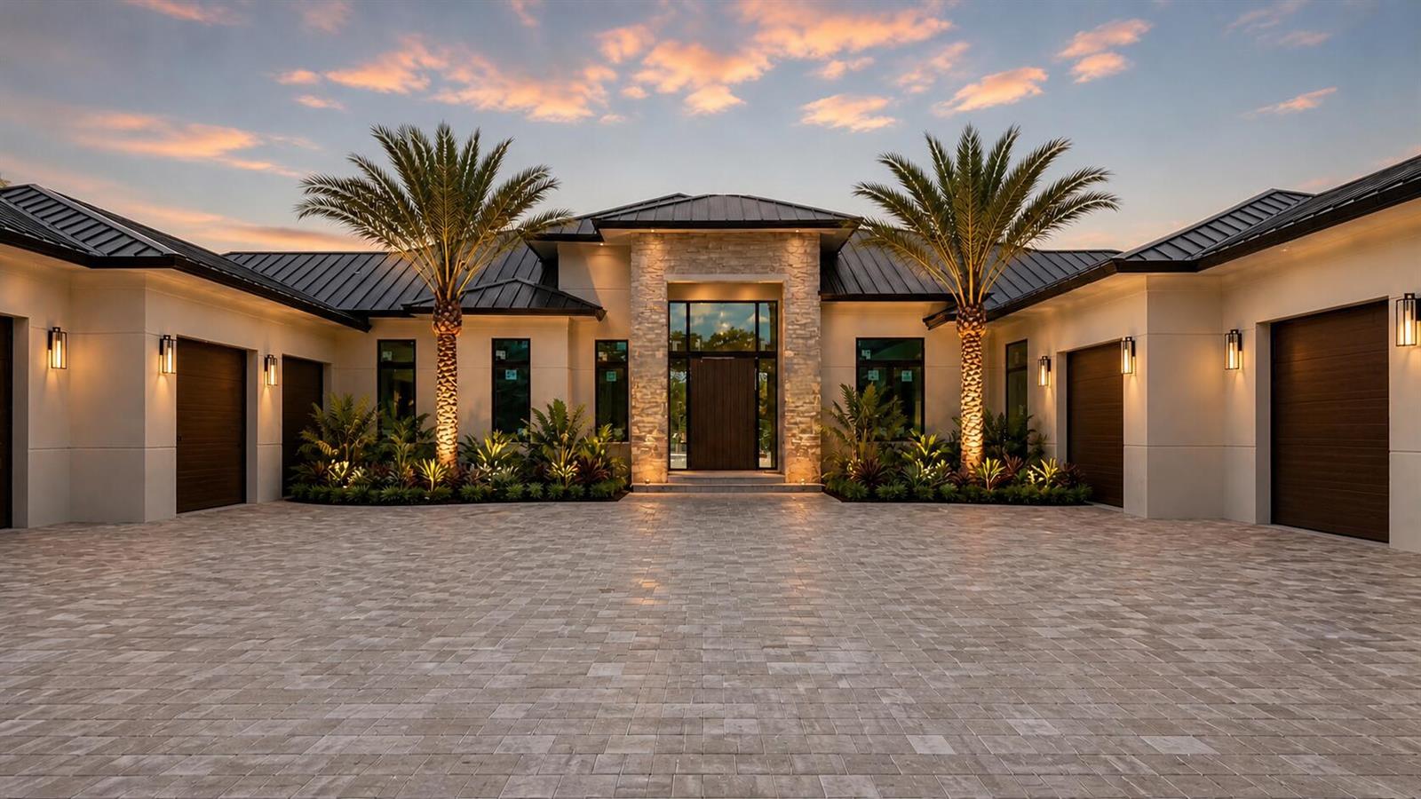 A modern house exterior with a paved driveway, stone entryway, and two palm trees at dusk — 5593 Reynolds Road, Lake Worth FL 33449, LAKE WORTH, FL