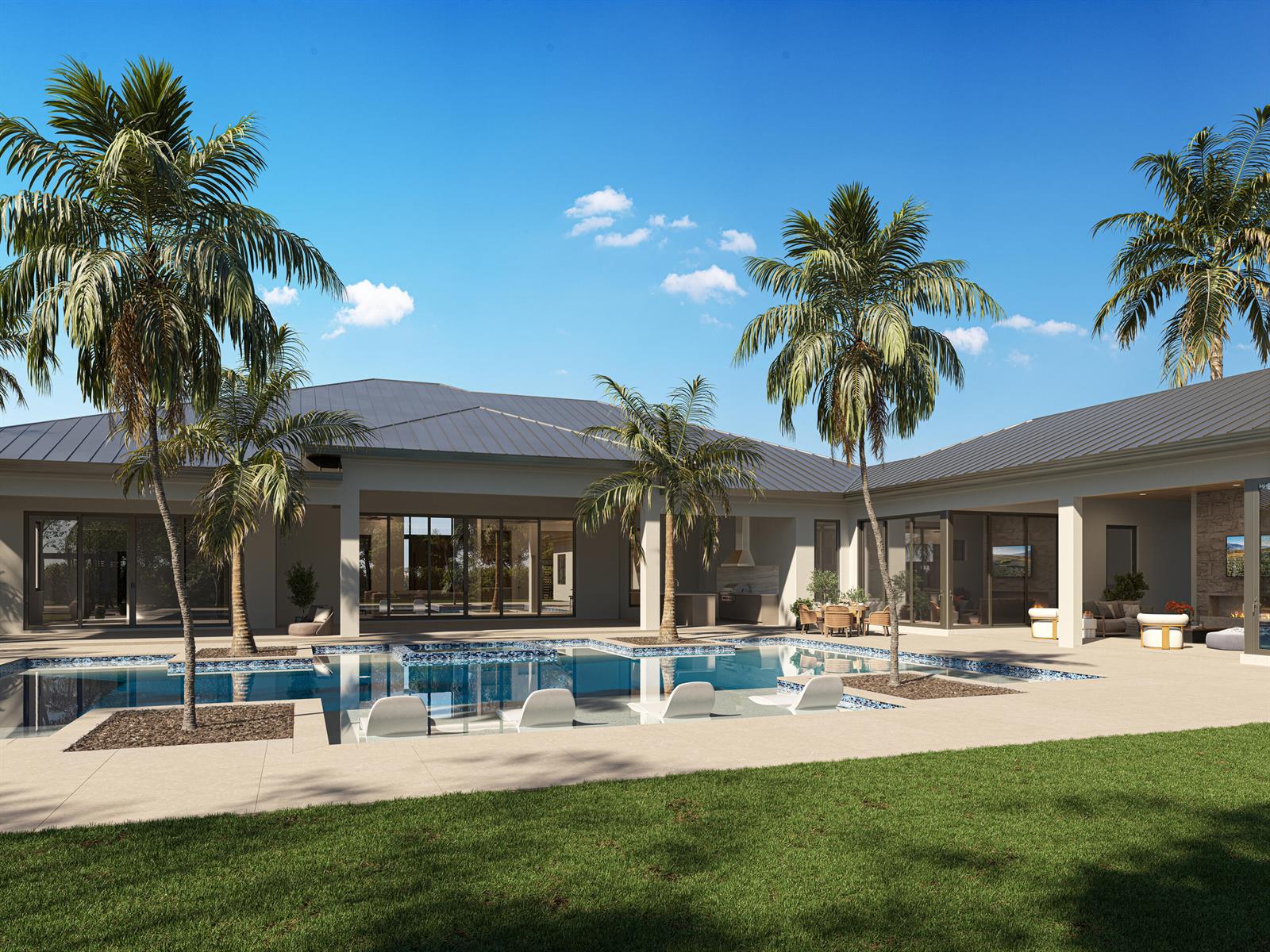 A rendering of a modern house exterior featuring a swimming pool and palm trees — 5593 Reynolds Road, Lake Worth FL 33449, LAKE WORTH, FL