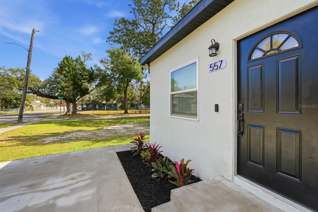 The exterior of a house features a black front door, a window, and landscaping — 557 LIVE OAK AVENUE, DAYTONA BEACH, FL