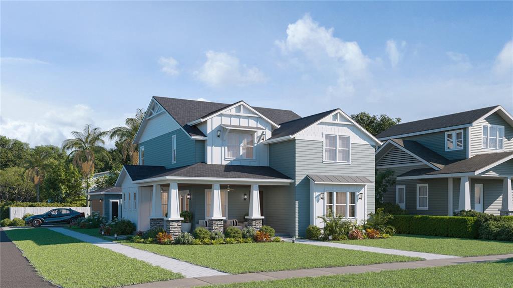 This is a rendering of a two-story house with a front porch and blue siding — 4309 N CENTRAL AVENUE, TAMPA, FL