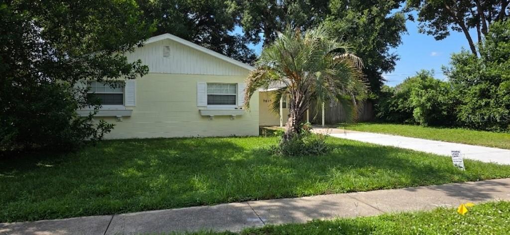 A pale yellow, single-story house with a palm tree in the front yard — 7670 STRATFORD BOULEVARD, ORLANDO, FL