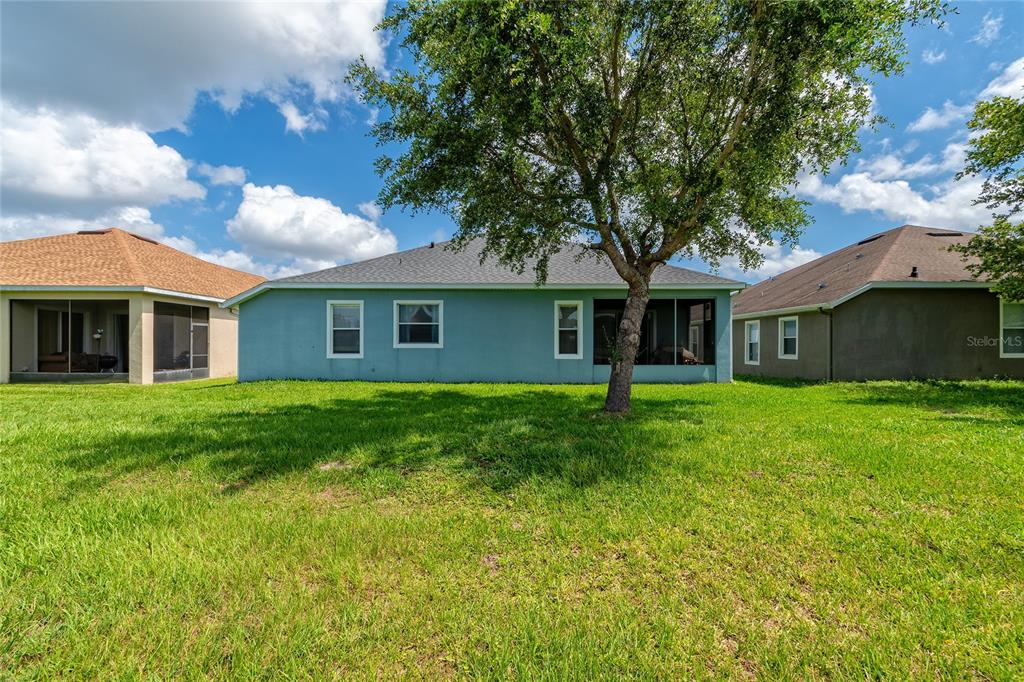 The rear exterior of a light blue house features a screened-in porch and a tree — 2818 OCONNELL DRIVE, KISSIMMEE, FL