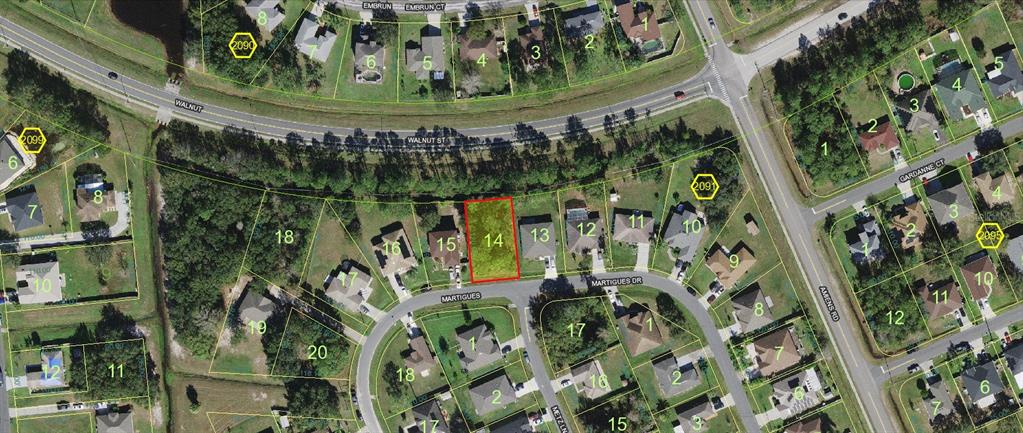 This is an aerial map showing a highlighted residential lot in a suburban neighborhood — MARTIGUES DRIVE, KISSIMMEE, FL