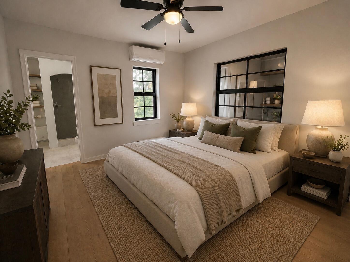 A bedroom with a bed, ceiling fan, window, and an attached bathroom with a shower — 521 48th Street, West Palm Beach FL 33407, WEST PALM BEACH, FL