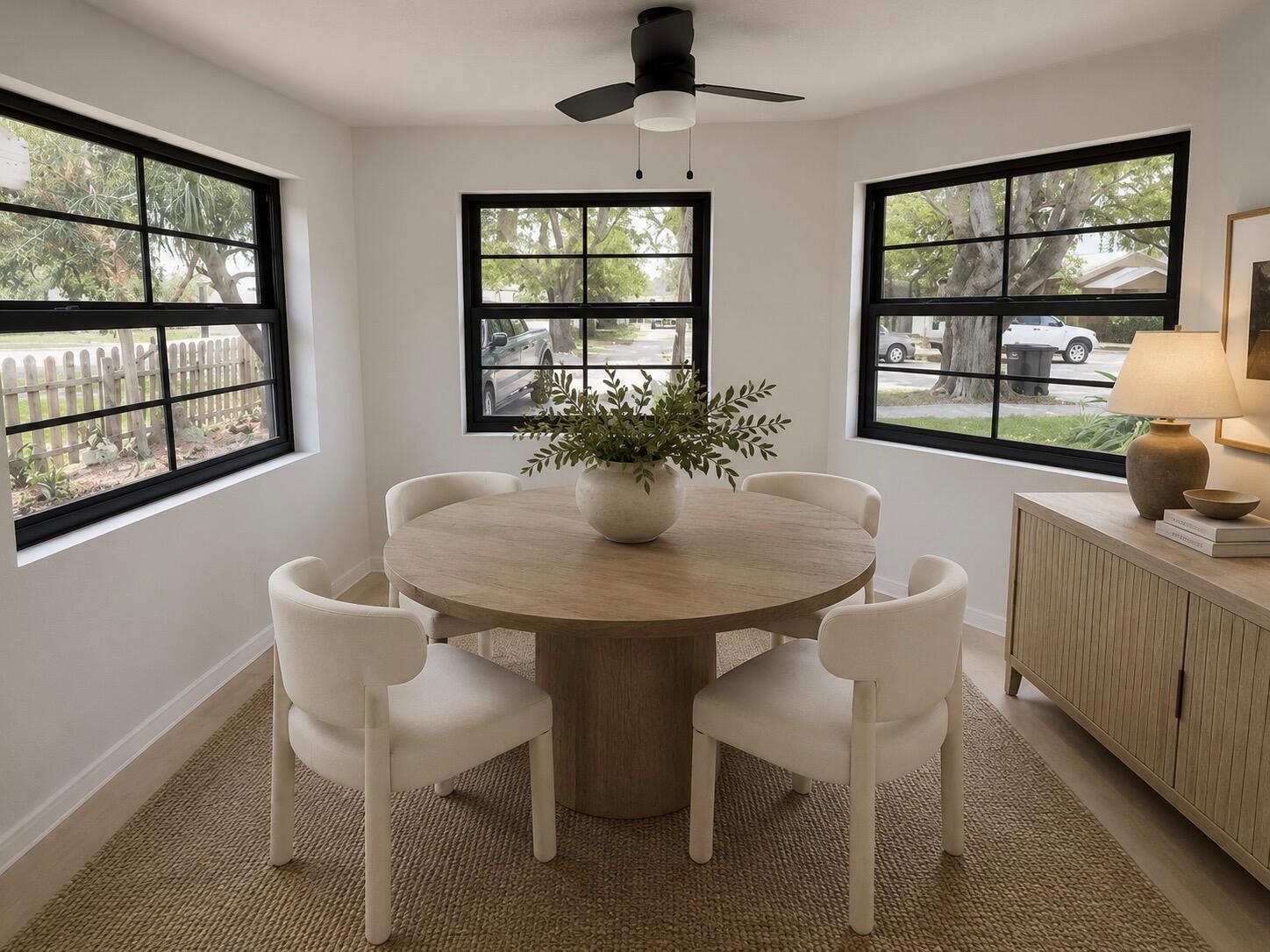 A dining room with a round wooden table, four white chairs, and black-framed windows — 521 48th Street, West Palm Beach FL 33407, WEST PALM BEACH, FL