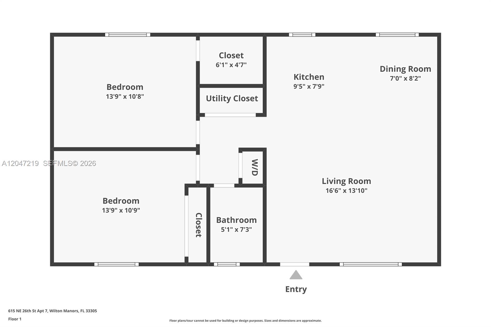 This is a floor plan for a two-bedroom apartment with a kitchen, bathroom, and living area — 615 NE 26TH ST # 7, Wilton Manors FL 33305, WILTON MANORS, FL