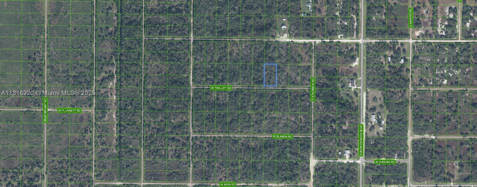This is an aerial map showing a highlighted rectangular plot of land in a wooded area — 2844 W TWILLEY, Avon Park FL 33825, AVON PARK, FL