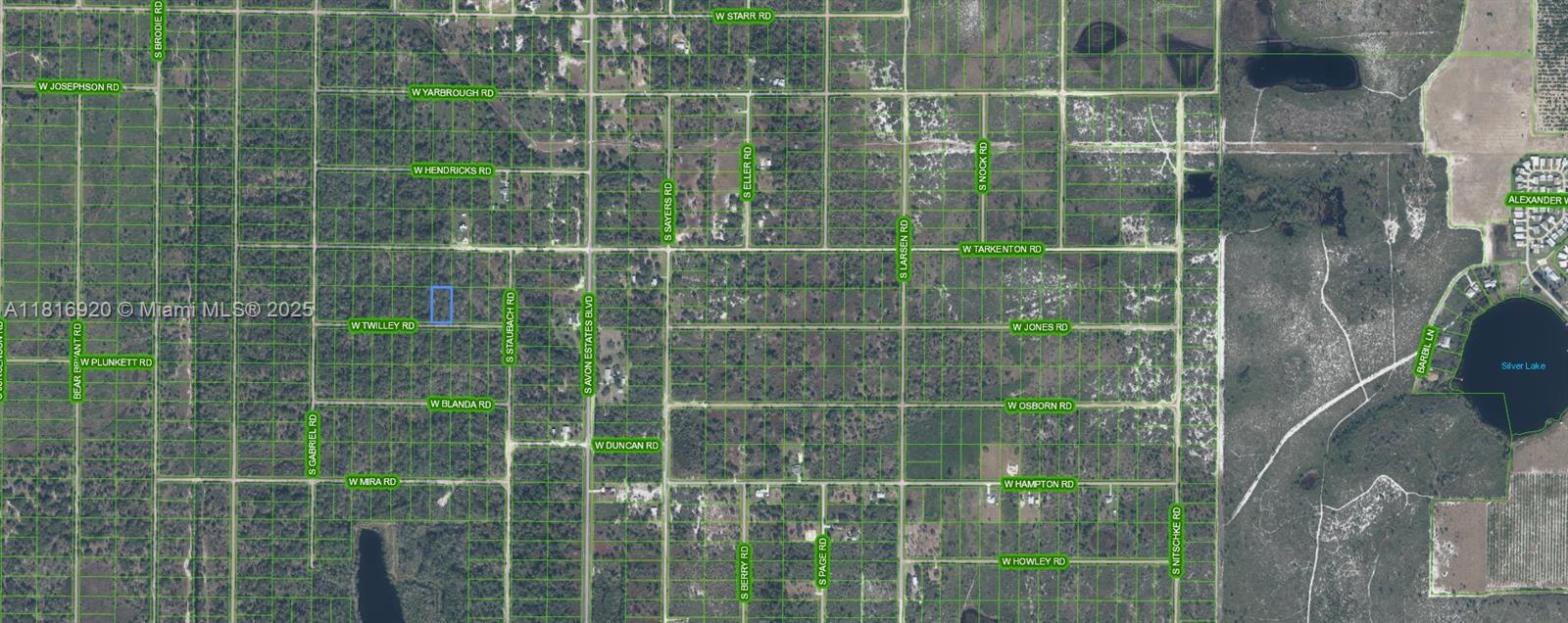 This is an aerial map showing a highlighted plot of land among a grid of roads — 2844 W TWILLEY, Avon Park FL 33825, AVON PARK, FL