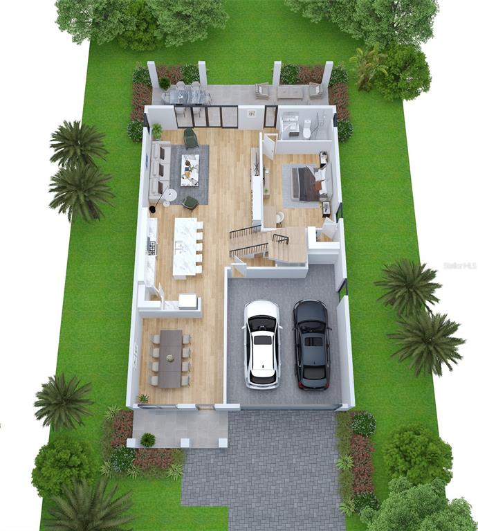 This 3D floor plan rendering shows a modern home layout with a two-car garage — 4316 S RENELLIE DRIVE, TAMPA, FL