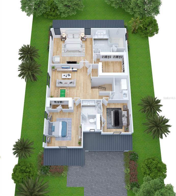 A 3D floor plan rendering of a single-story house with three bedrooms and a garage — 4316 S RENELLIE DRIVE, TAMPA, FL