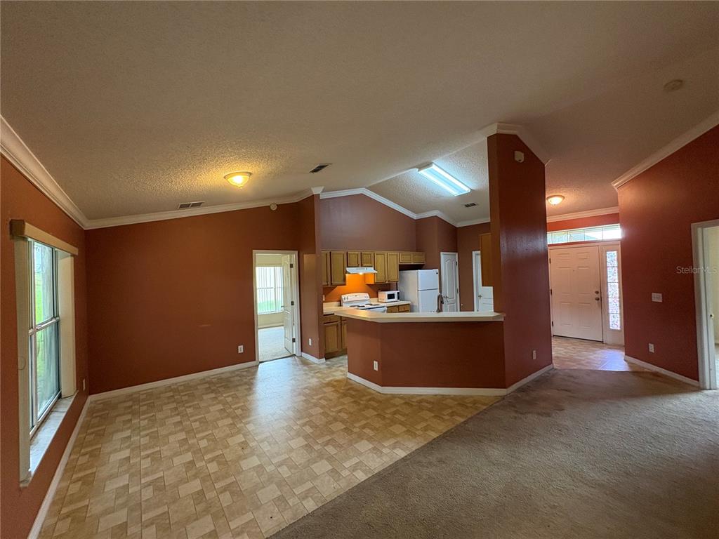 A living room with terracotta walls, carpeted and vinyl flooring, and an open kitchen — 104 HERRING LANE, POINCIANA, FL