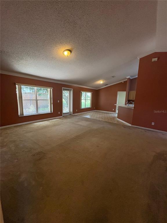 A living room with tan carpet, terracotta-colored walls, and a vaulted ceiling with recessed lighting — 104 HERRING LANE, POINCIANA, FL