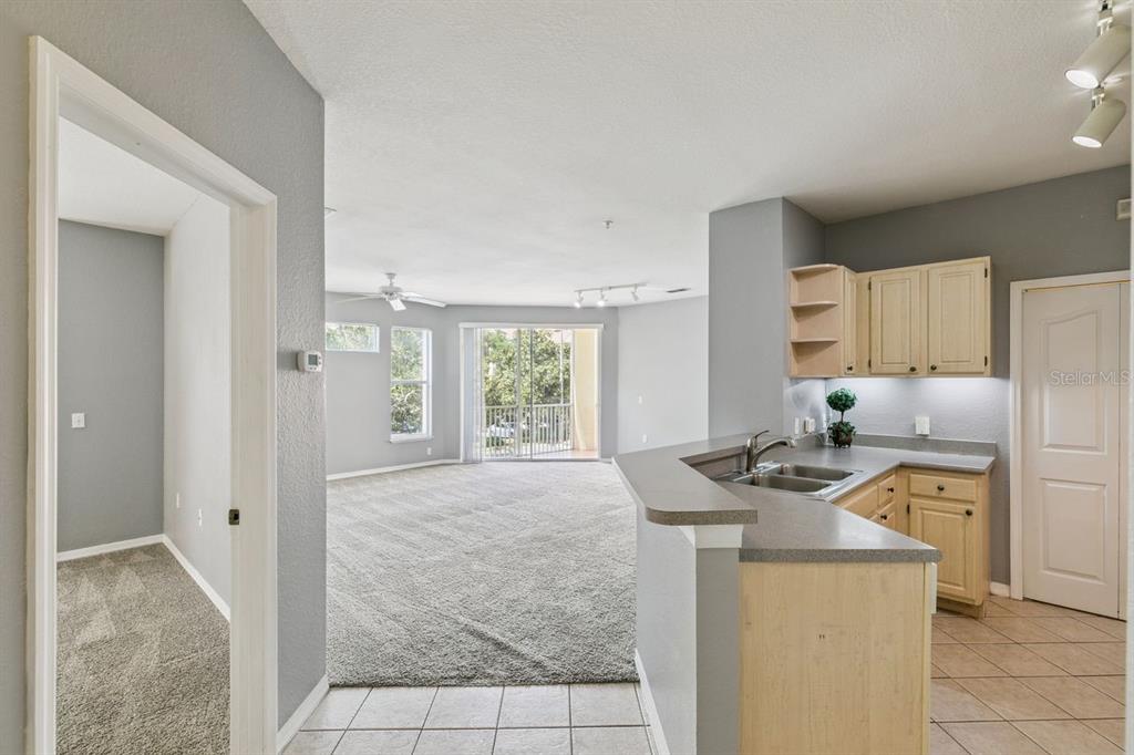A view from a tiled kitchen area looking into a carpeted living room with balcony — 1440 LAKE SHADOW CIRCLE UNIT 8201, MAITLAND, FL