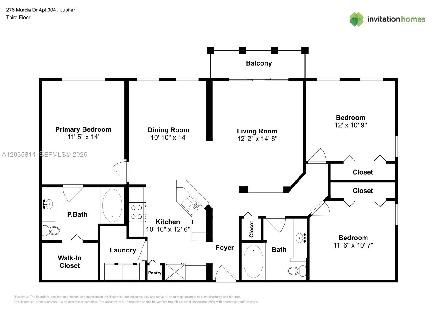 This is a floor plan for a two-bedroom apartment with a balcony and laundry room — JUPITER, FL