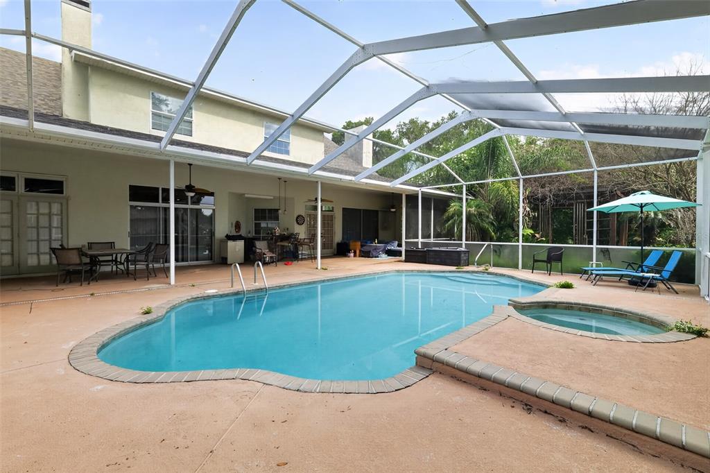A screened-in patio features a swimming pool, a hot tub, and outdoor seating — 421 WILLOW OAK COURT, FORT MEADE, FL