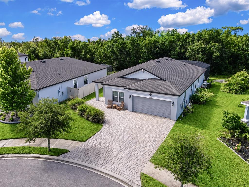 An aerial view of a single-story house with a gray roof, garage, and paved driveway — 30801 PARROT REEF COURT, WESLEY CHAPEL, FL