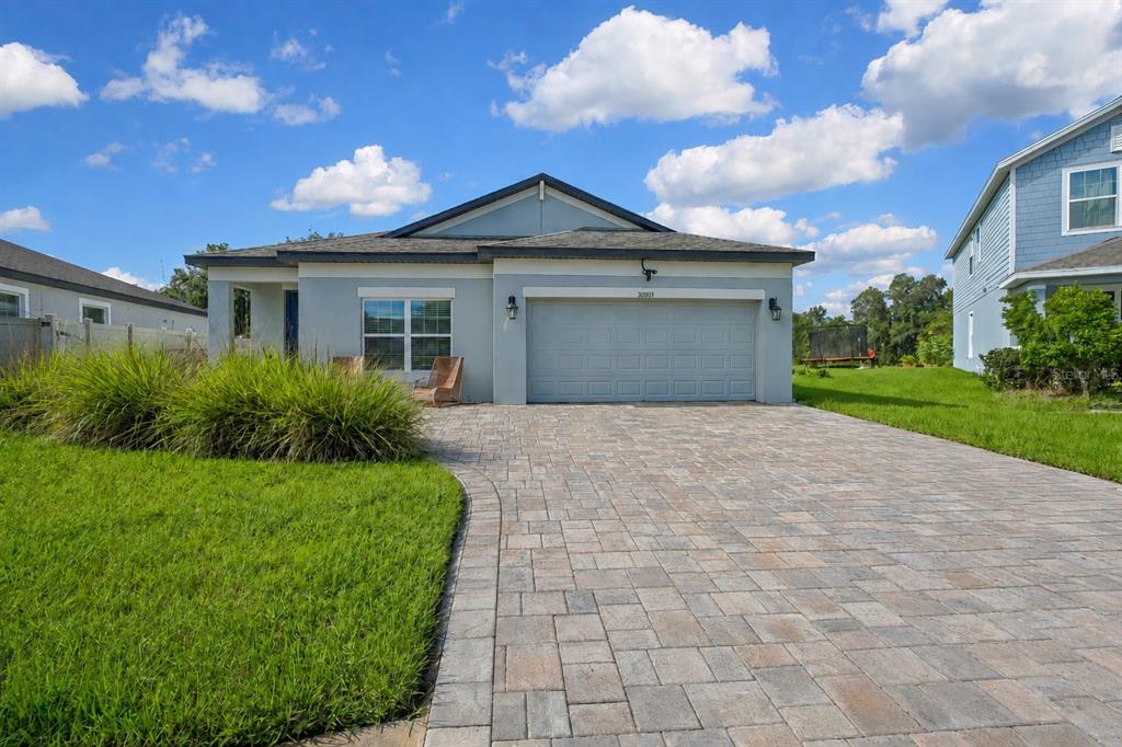 A single-story house with a paved driveway, a two-car garage, and a blue exterior — 30801 PARROT REEF COURT, WESLEY CHAPEL, FL