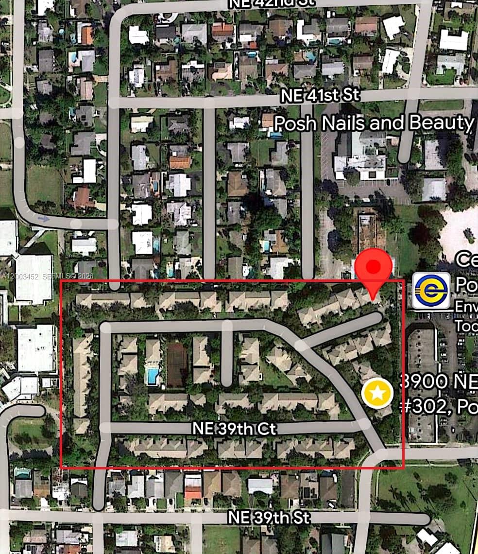 This is an aerial map view of a residential townhouse complex with a swimming pool — 1821 NE 40th Ct # 302, Pompano Beach FL 33064, POMPANO BEACH, FL