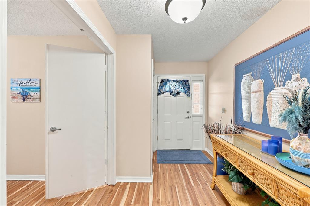 A foyer features wood-look flooring, a glass-topped rattan console table, and a white front door — 1002 EL RANCHO DRIVE, SUN CITY CENTER, FL