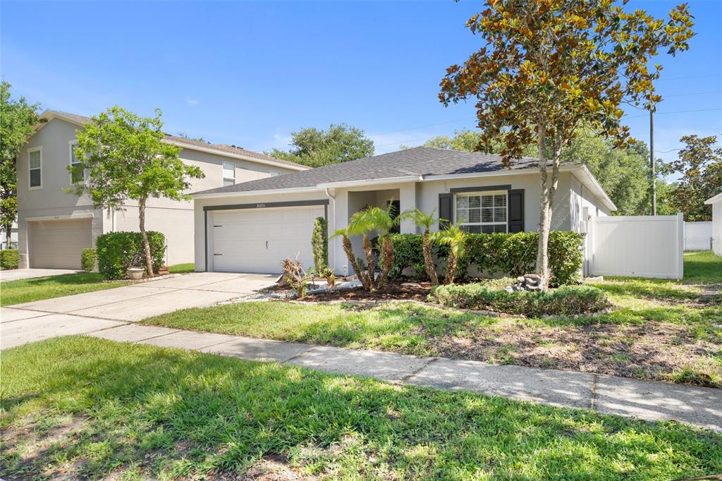 A single-story house with a white garage, gray siding, and a front yard with trees — 30855 TEMPLE STAND AVENUE, WESLEY CHAPEL, FL