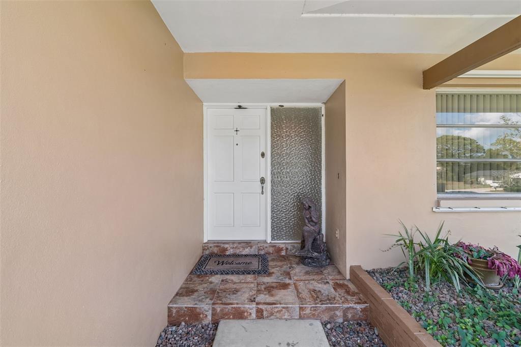 A front entryway features a white door, textured glass sidelight, and tiled porch area — 1251 HOLIDAY DRIVE, TARPON SPRINGS, FL