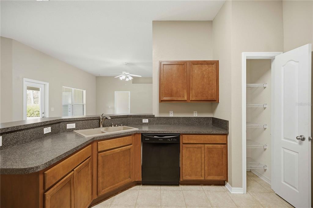 A kitchen features wood cabinets, dark countertops, a black dishwasher, and an open pantry — 334 LAKE DRIVE, OCALA, FL