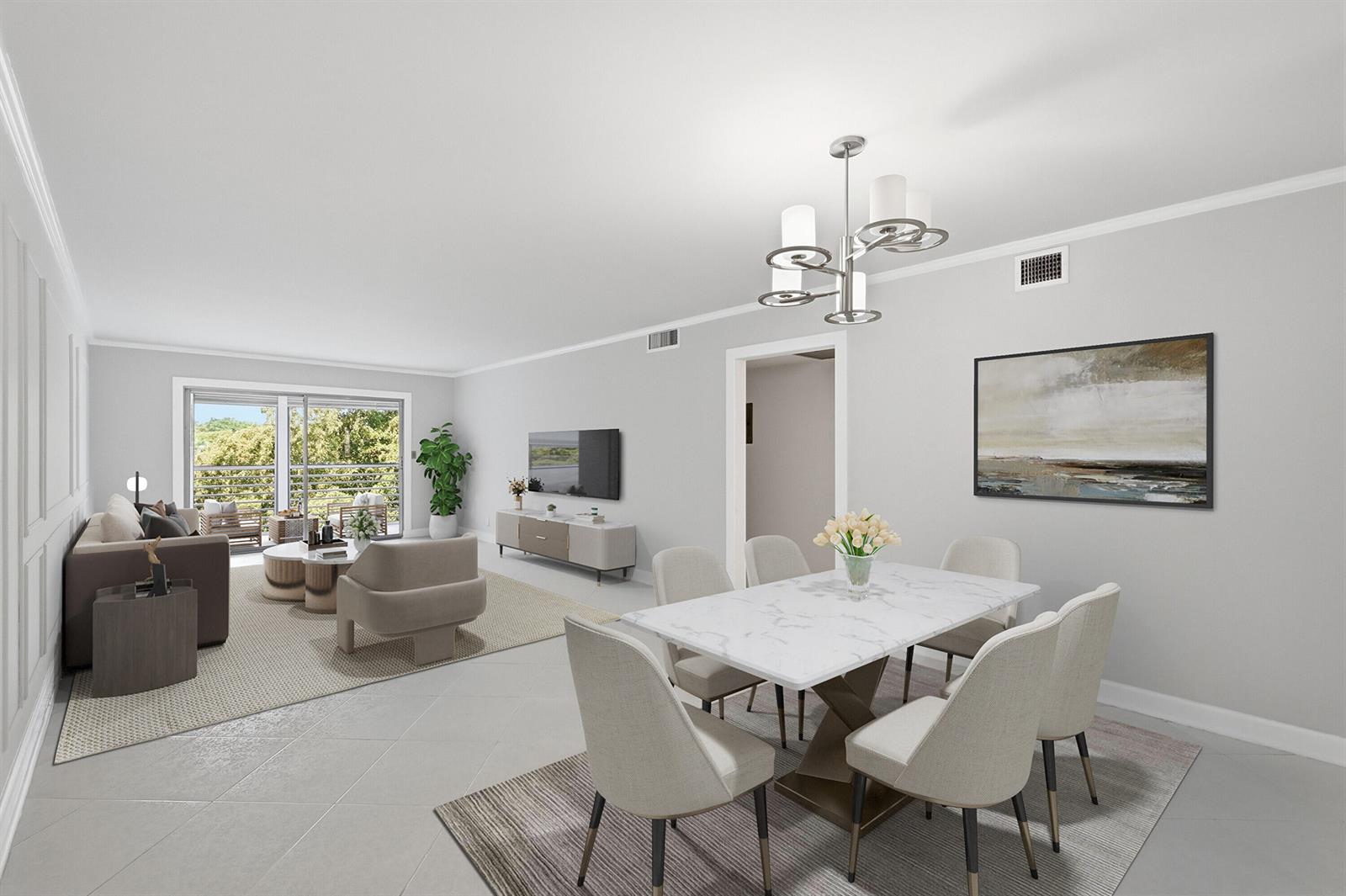 This is a digital rendering of an open-concept living and dining room with modern furniture — 2006 Granada Drive # M3, Coconut Creek FL 33066, COCONUT CREEK, FL