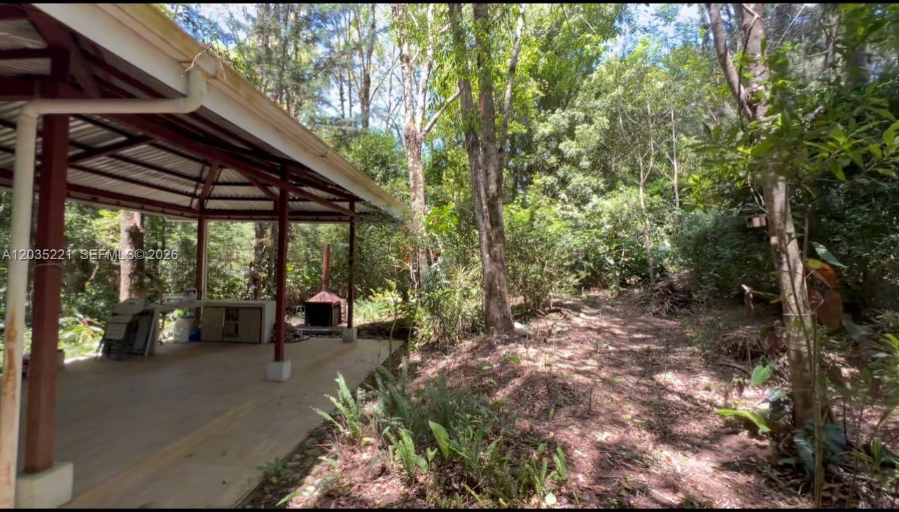 An open-air covered patio with a kitchen counter and fireplace overlooks a wooded area — SAN RAFAEL CASA No usar, FL, FL