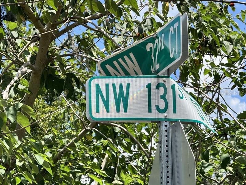 A street sign showing the intersection of NW 32nd Ct and NW 131st St — NW 131 STREET, REDDICK, FL