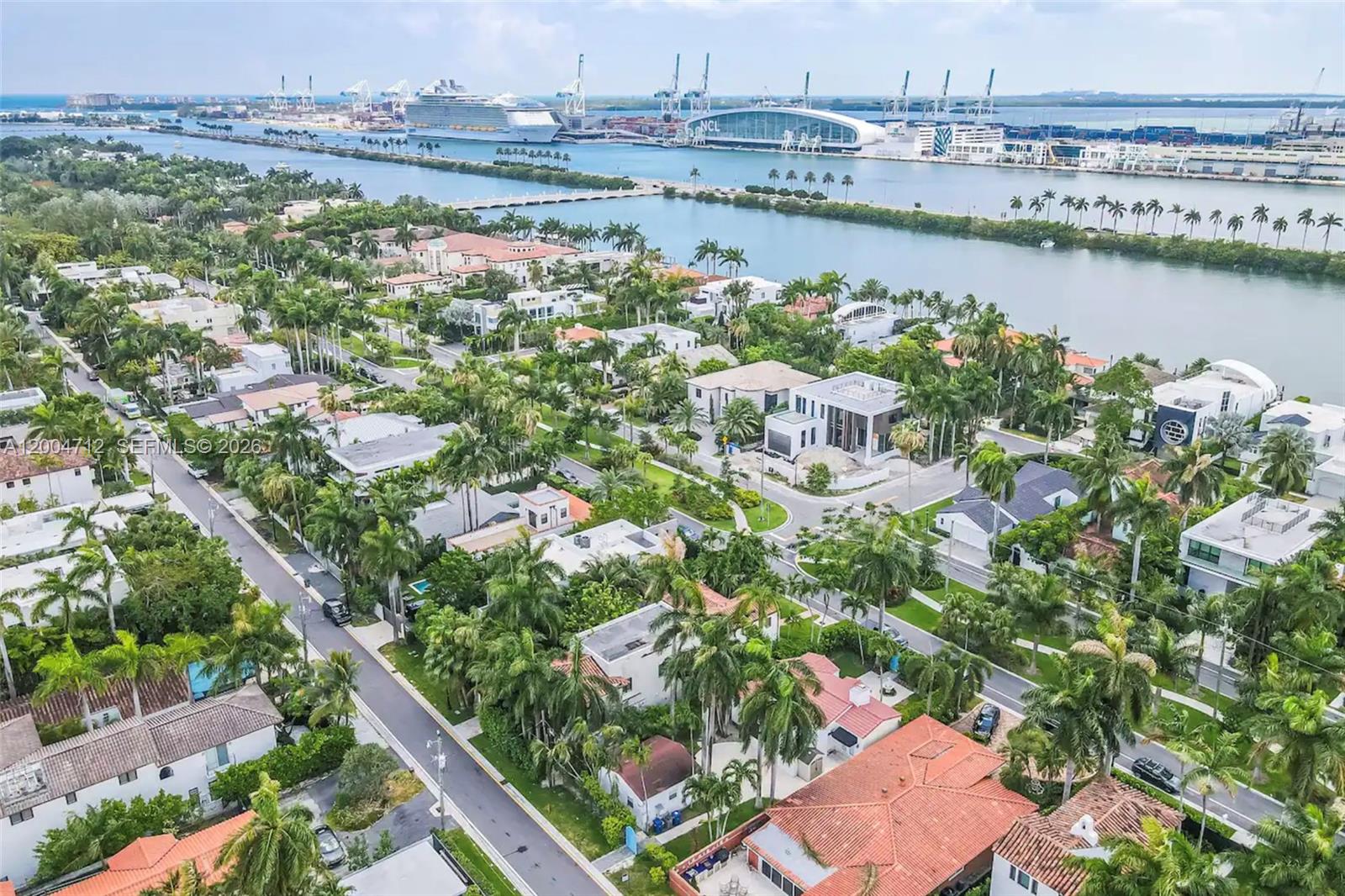 An aerial view shows a residential neighborhood with palm trees near a cruise ship port — 265 Palm Ave, Miami Beach FL 33139, MIAMI BEACH, FL