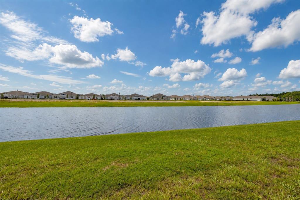 A grassy lawn overlooks a pond with a row of suburban houses in the background — 4536 OCHOS RIOS PLACE, KISSIMMEE, FL