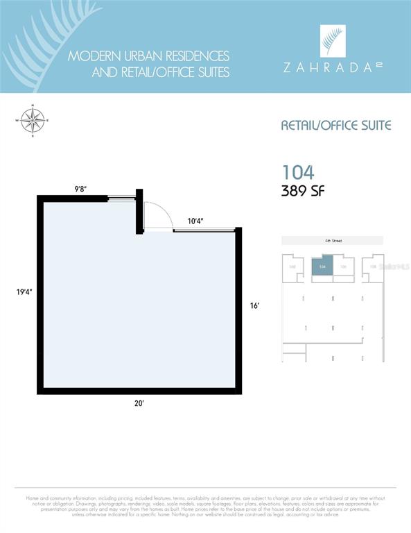 This is a floor plan for a 389-square-foot retail or office suite labeled 104 — 1558 4TH STREET UNIT 104, SARASOTA, FL