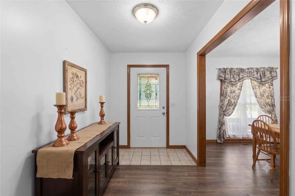 A foyer with wood flooring, a tile entry, a console table, and a front door — 4605 POST HOUSE DRIVE, PLANT CITY, FL