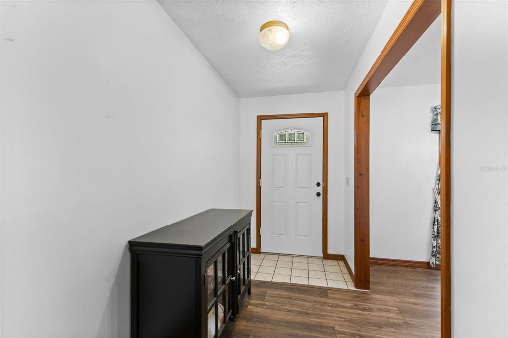 An entryway features a white front door, tile flooring, and a dark wood cabinet — 4605 POST HOUSE DRIVE, PLANT CITY, FL