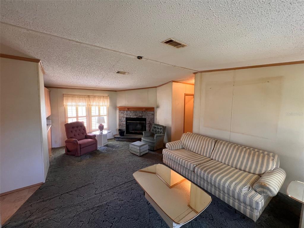 A living room features a stone fireplace, patterned carpet, and a striped sofa — 10070 S ARABIAN AVENUE, FLORAL CITY, FL