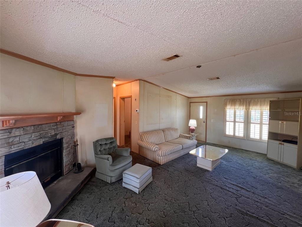 A living room features a stone fireplace, striped sofa, green armchair, and dark patterned carpet — 10070 S ARABIAN AVENUE, FLORAL CITY, FL