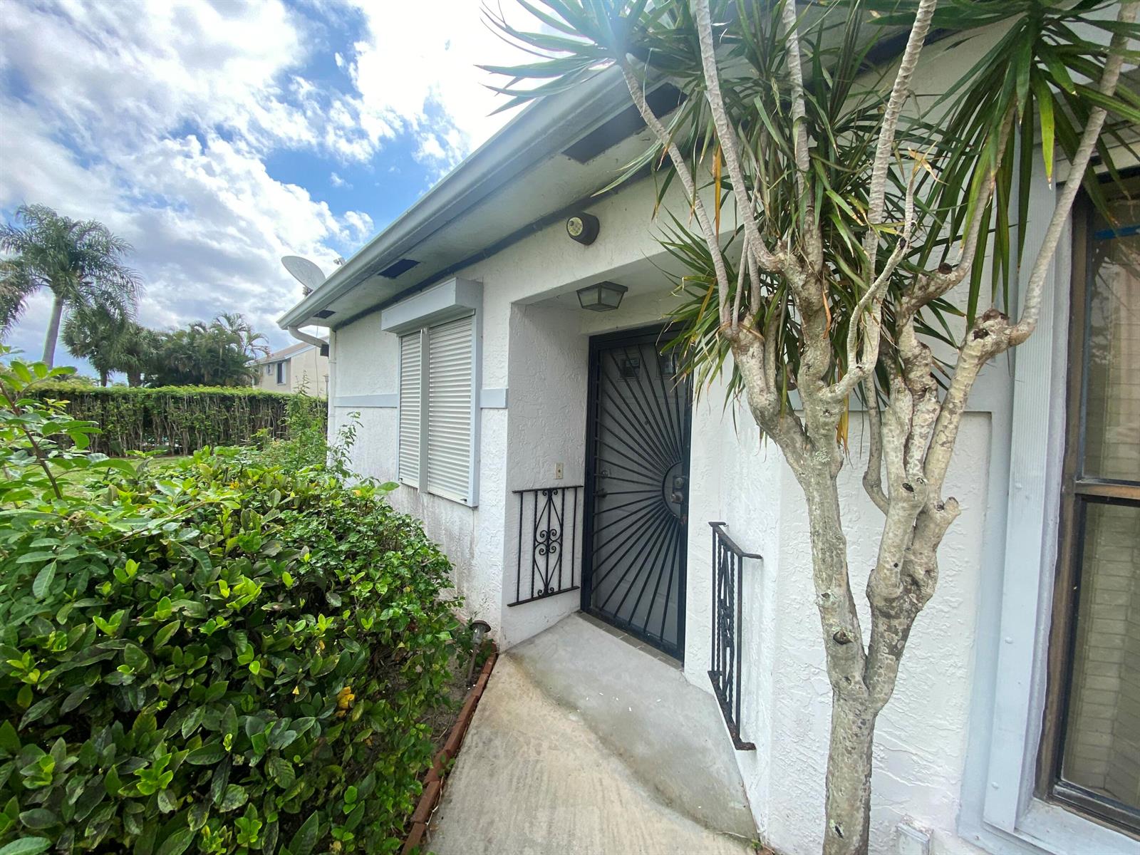 A white stucco house exterior features a metal security door, a walkway, and a tree — 62 Willow Circle, Boynton Beach FL 33436, BOYNTON BEACH, FL