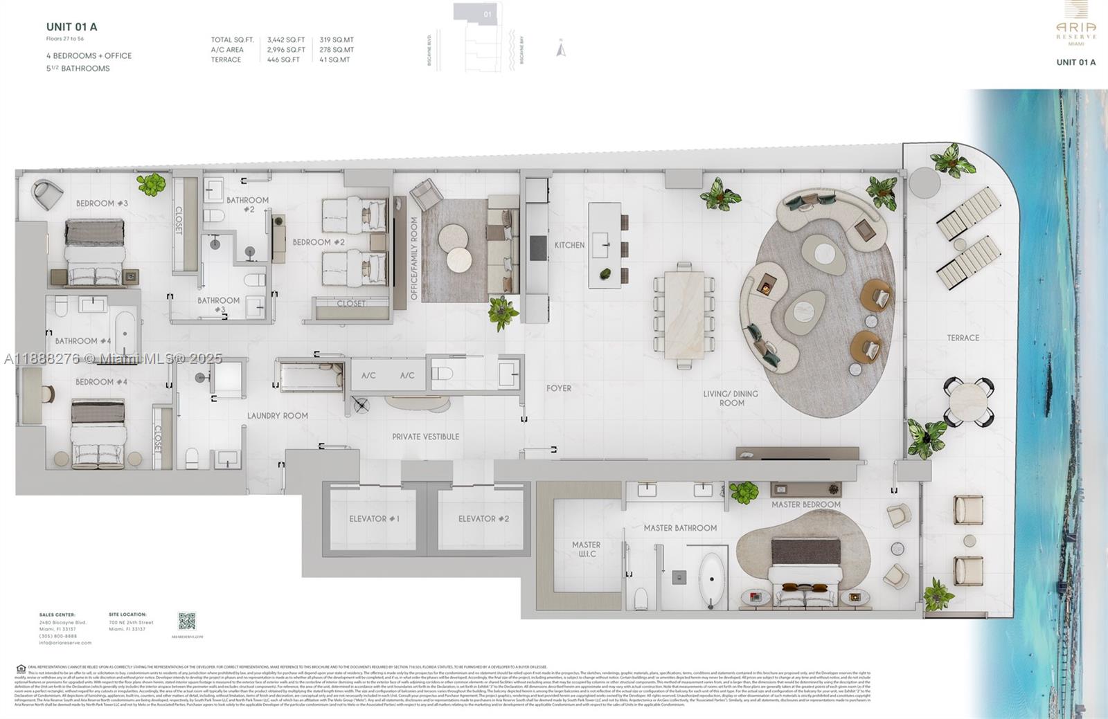 This floor plan rendering shows a four-bedroom luxury apartment layout with a large private terrace — 725 NE 24th St, Miami FL 33137, MIAMI, FL