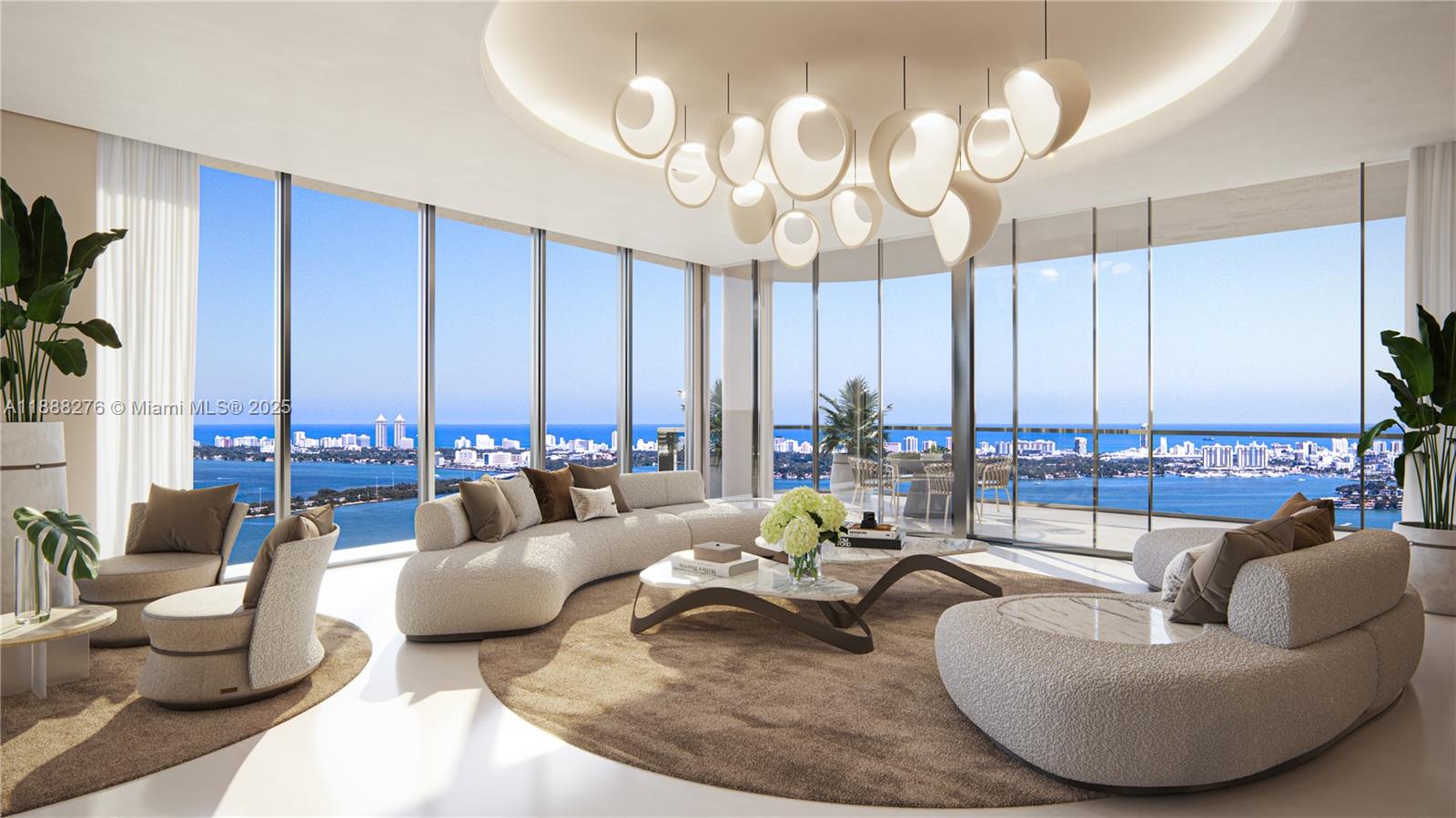 This rendering shows a modern living room with floor-to-ceiling windows overlooking a coastal city — 725 NE 24th St, Miami FL 33137, MIAMI, FL