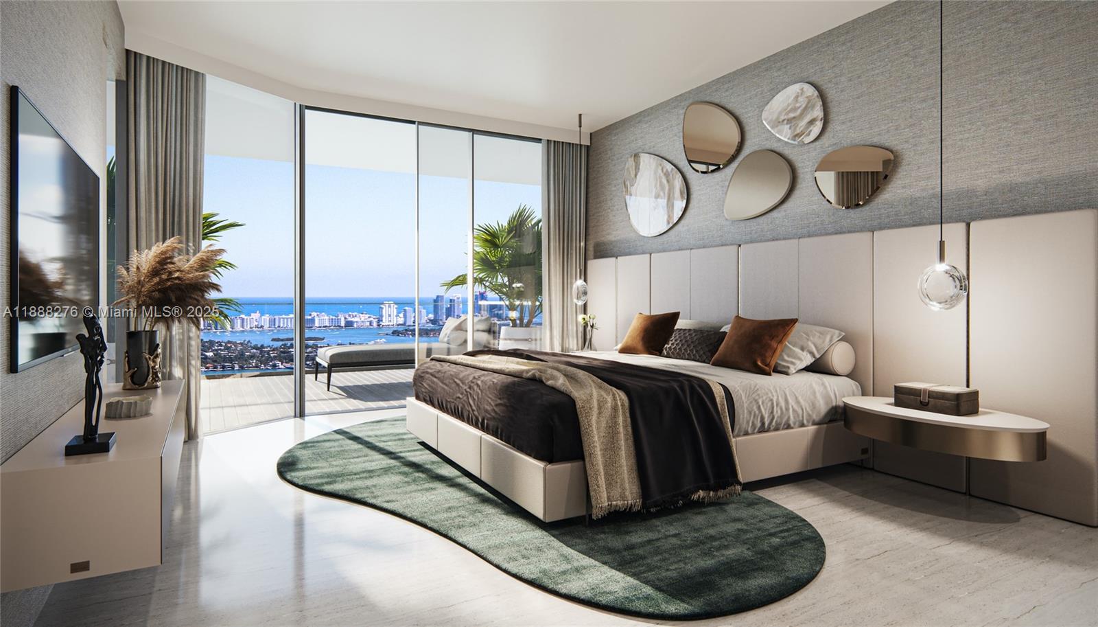 This rendering shows a modern bedroom with a king bed, green rug, and ocean view — 725 NE 24th St, Miami FL 33137, MIAMI, FL